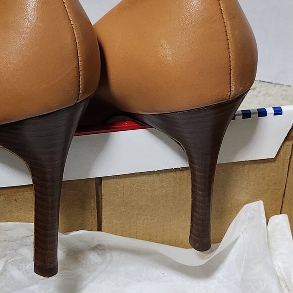 100% Leather Camel Brown Ann Taylor Open Toe Heels Size 8 - Picture 10 of 14